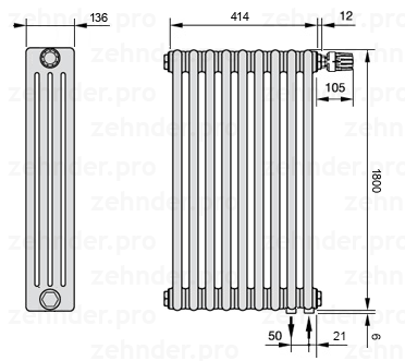 Схема (чертеж) Радиатор Zehnder Charleston 4180/9 №V002 Белый глянцевый RAL 9016